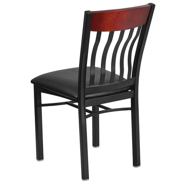 Flash Furniture Eclipse Series Vertical Back Black Metal and Mahogany Wood Restaurant Chair with Black Vinyl Seat - XU-DG-60618-MAH-BLKV-GG