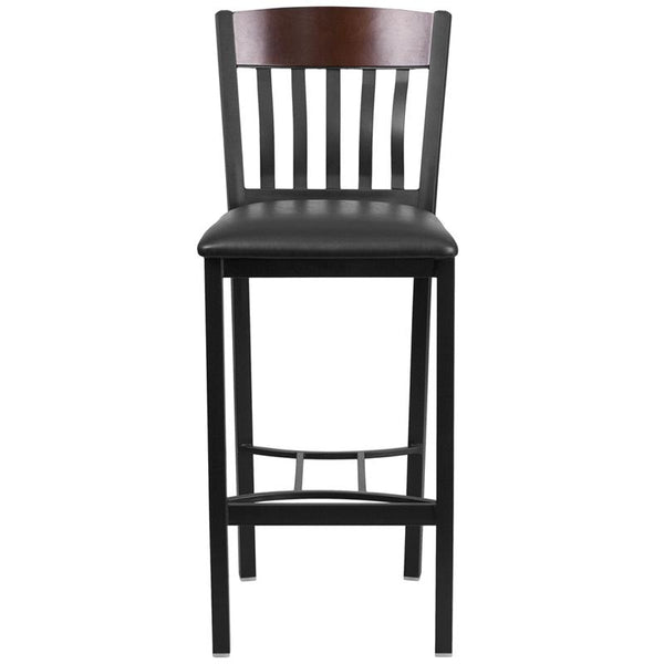 Flash Furniture Eclipse Series Vertical Back Black Metal and Walnut Wood Restaurant Barstool with Black Vinyl Seat - XU-DG-60618B-WAL-BLKV-GG