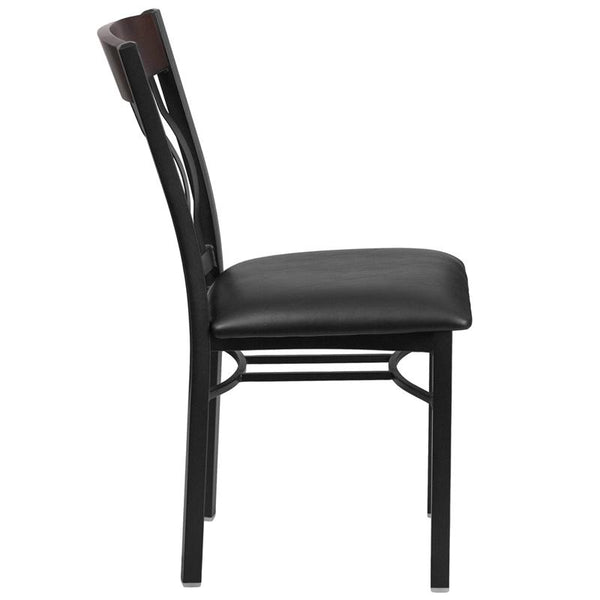 Flash Furniture Eclipse Series Vertical Back Black Metal and Walnut Wood Restaurant Chair with Black Vinyl Seat - XU-DG-60618-WAL-BLKV-GG