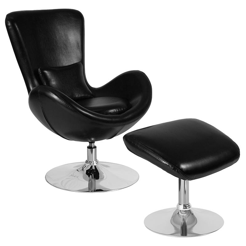 Flash Furniture Egg Series Black Leather Side Reception Chair with Ottoman - CH-162430-CO-BK-LEA-GG