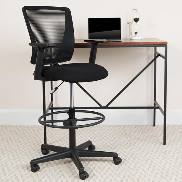 Flash Furniture Ergonomic Mid-Back Mesh Drafting Chair with Black Fabric Seat, Adjustable Foot Ring and Adjustable Arms - GO-2100-A-GG