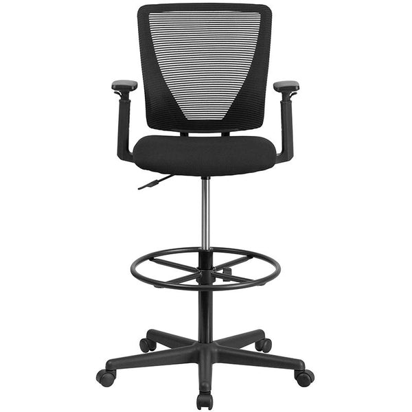 Flash Furniture Ergonomic Mid-Back Mesh Drafting Chair with Black Fabric Seat, Adjustable Foot Ring and Adjustable Arms - GO-2100-A-GG