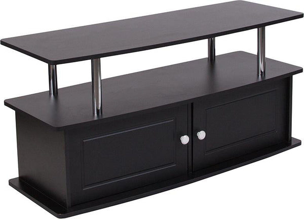 Flash Furniture Evanston Black TV Stand with Shelves, Cabinet and Stainless Steel Tubing - NAN-NJ-TS082-GG