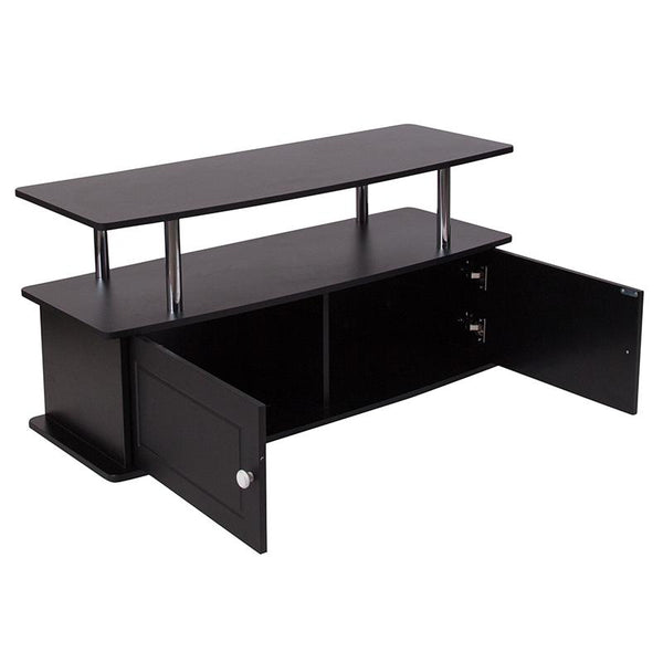 Flash Furniture Evanston Black TV Stand with Shelves, Cabinet and Stainless Steel Tubing - NAN-NJ-TS082-GG