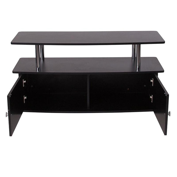 Flash Furniture Evanston Black TV Stand with Shelves, Cabinet and Stainless Steel Tubing - NAN-NJ-TS082-GG