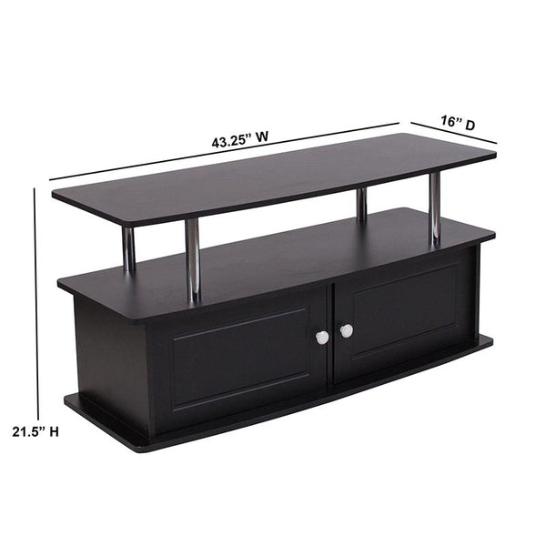 Flash Furniture Evanston Black TV Stand with Shelves, Cabinet and Stainless Steel Tubing - NAN-NJ-TS082-GG