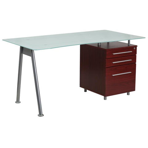 Flash Furniture Glass Computer Desk with Mahogany Three Drawer Pedestal - NAN-WK-021-MAH-GG