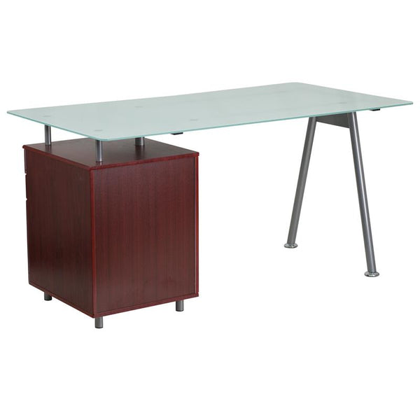 Flash Furniture Glass Computer Desk with Mahogany Three Drawer Pedestal - NAN-WK-021-MAH-GG