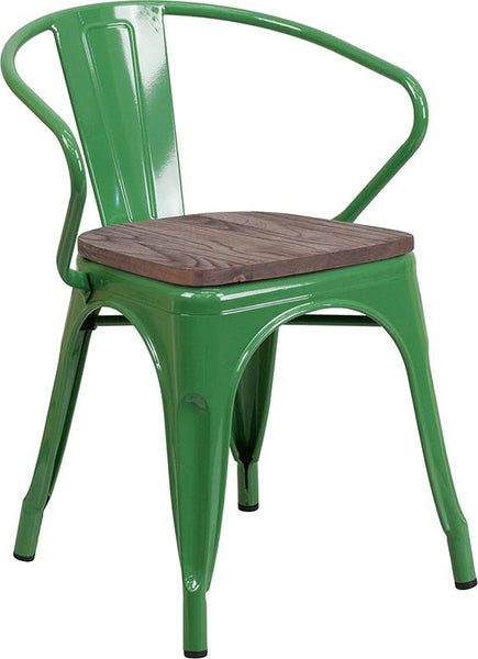Flash Furniture Green Metal Chair with Wood Seat and Arms - CH-31270-GN-WD-GG