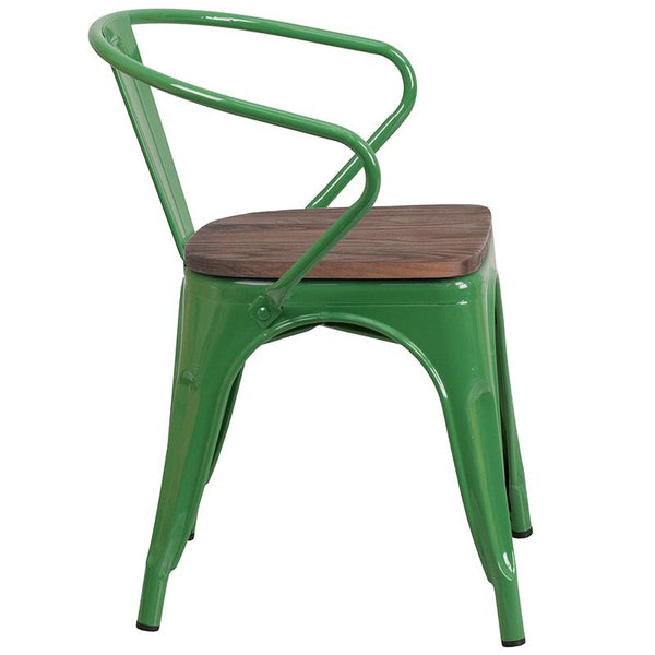 Flash Furniture Green Metal Chair with Wood Seat and Arms - CH-31270-GN-WD-GG