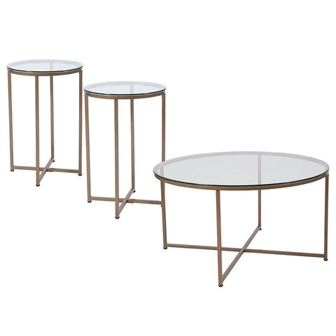 Flash Furniture Greenwich Collection 3 Piece Coffee and End Table Set with Glass Tops and Matte Gold Frames - NAN-CEK-10-GG