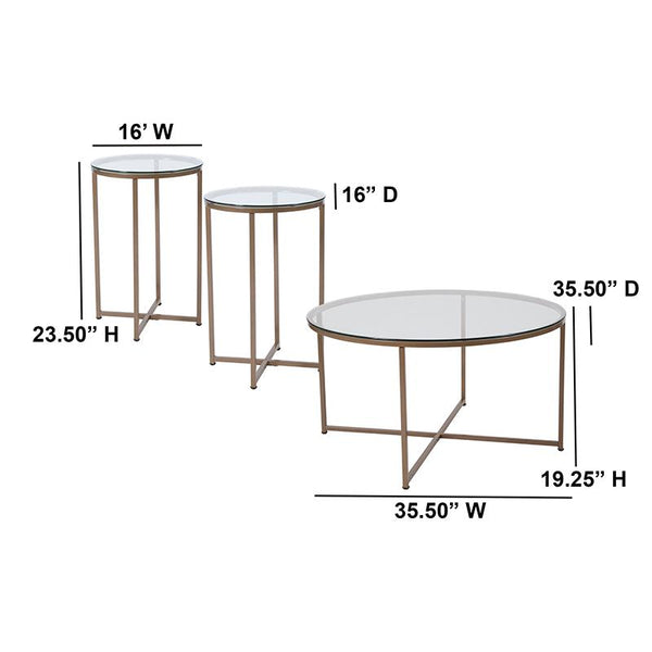 Flash Furniture Greenwich Collection 3 Piece Coffee and End Table Set with Glass Tops and Matte Gold Frames - NAN-CEK-10-GG