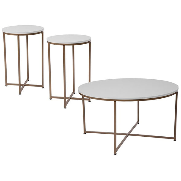 Flash Furniture Hampstead Collection 3 Piece Coffee and End Table Set in White with Matte Gold Frames - NAN-CEK-12-GG