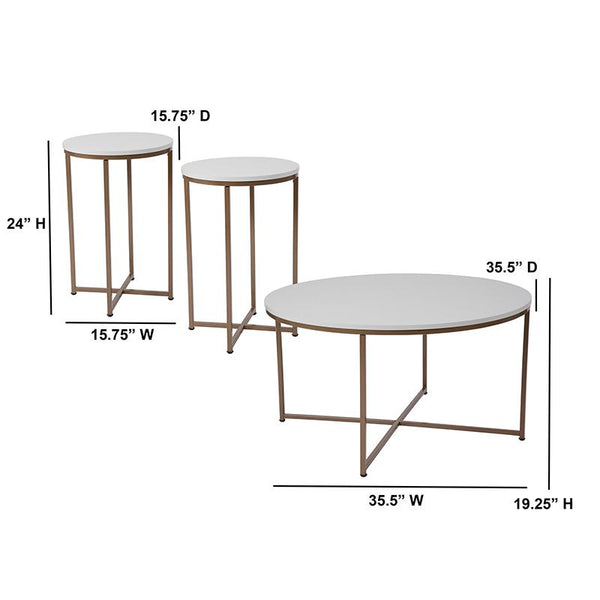 Flash Furniture Hampstead Collection 3 Piece Coffee and End Table Set in White with Matte Gold Frames - NAN-CEK-12-GG