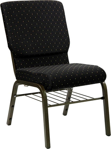 Flash Furniture HERCULES Series 18.5''W Church Chair in Black Dot Patterned Fabric with Book Rack - Gold Vein Frame - XU-CH-60096-BK-BAS-GG