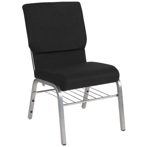 Flash Furniture HERCULES Series 18.5''W Church Chair in Black Fabric with Book Rack - Silver Vein Frame - XU-CH-60096-BK-SV-BAS-GG