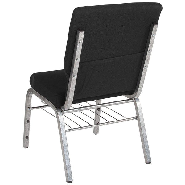 Flash Furniture HERCULES Series 18.5''W Church Chair in Black Fabric with Book Rack - Silver Vein Frame - XU-CH-60096-BK-SV-BAS-GG