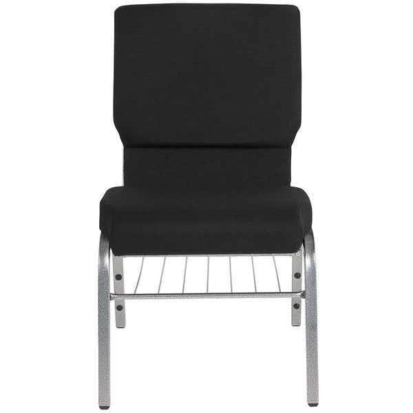 Flash Furniture HERCULES Series 18.5''W Church Chair in Black Fabric with Book Rack - Silver Vein Frame - XU-CH-60096-BK-SV-BAS-GG