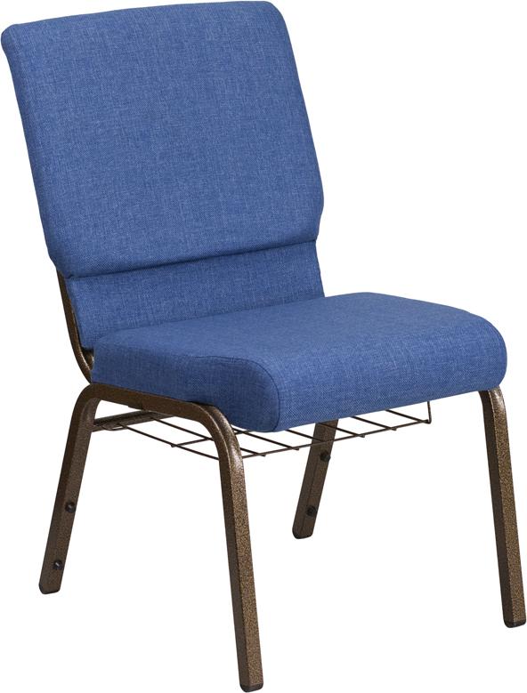 Flash Furniture HERCULES Series 18.5''W Church Chair in Blue Fabric with Cup Book Rack - Gold Vein Frame - FD-CH02185-GV-BLUE-BAS-GG