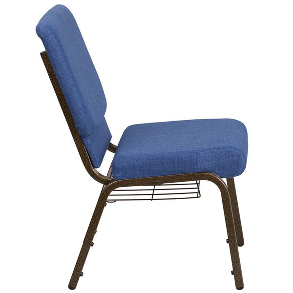 Flash Furniture HERCULES Series 18.5''W Church Chair in Blue Fabric with Cup Book Rack - Gold Vein Frame - FD-CH02185-GV-BLUE-BAS-GG