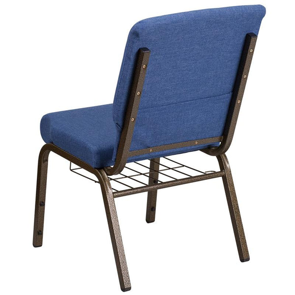 Flash Furniture HERCULES Series 18.5''W Church Chair in Blue Fabric with Cup Book Rack - Gold Vein Frame - FD-CH02185-GV-BLUE-BAS-GG