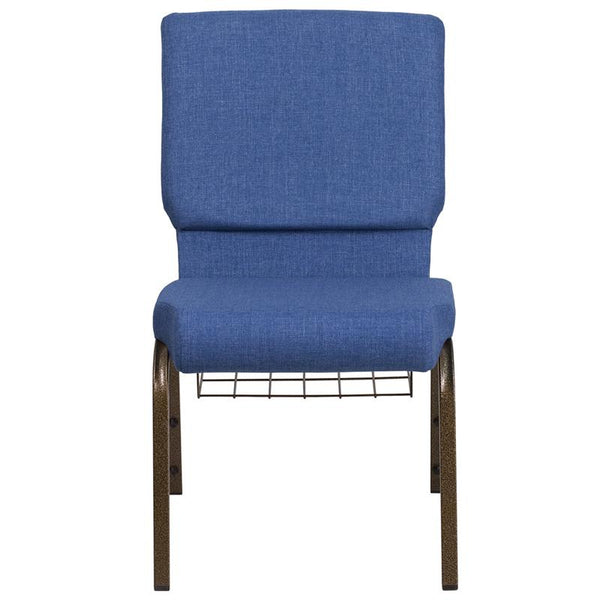 Flash Furniture HERCULES Series 18.5''W Church Chair in Blue Fabric with Cup Book Rack - Gold Vein Frame - FD-CH02185-GV-BLUE-BAS-GG