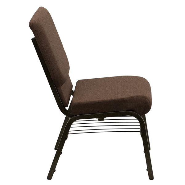 Flash Furniture HERCULES Series 18.5''W Church Chair in Brown Fabric with Book Rack - Gold Vein Frame - XU-CH-60096-BN-BAS-GG