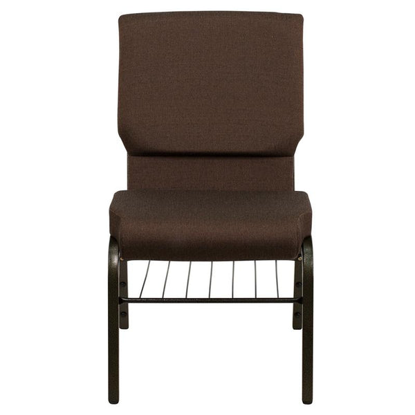 Flash Furniture HERCULES Series 18.5''W Church Chair in Brown Fabric with Book Rack - Gold Vein Frame - XU-CH-60096-BN-BAS-GG