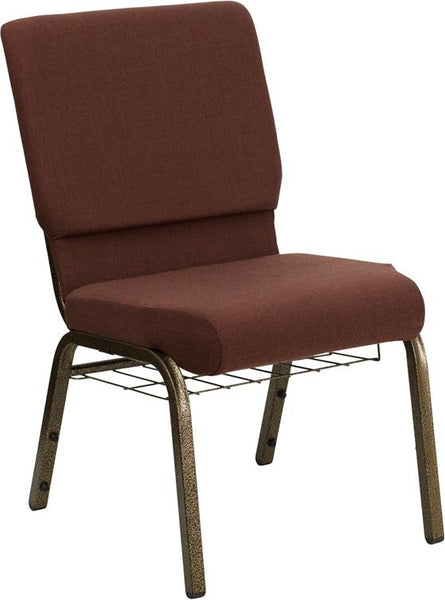 Flash Furniture HERCULES Series 18.5''W Church Chair in Brown Fabric with Cup Book Rack - Gold Vein Frame - FD-CH02185-GV-10355-BAS-GG