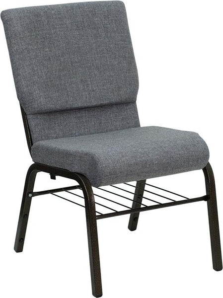 Flash Furniture HERCULES Series 18.5''W Church Chair in Gray Fabric with Book Rack - Gold Vein Frame - XU-CH-60096-BEIJING-GY-BAS-GG