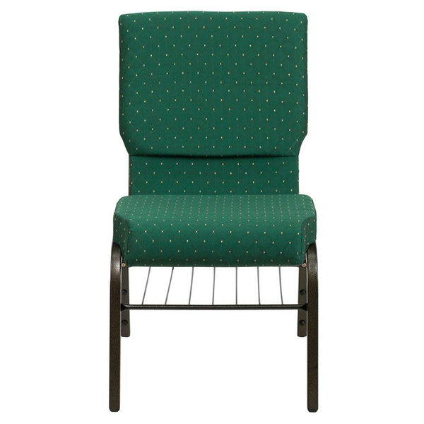 Flash Furniture HERCULES Series 18.5''W Church Chair in Green Patterned Fabric with Book Rack - Gold Vein Frame - XU-CH-60096-GN-BAS-GG