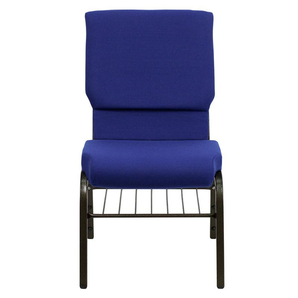 Flash Furniture HERCULES Series 18.5''W Church Chair in Navy Blue Fabric with Book Rack - Gold Vein Frame - XU-CH-60096-NVY-BAS-GG