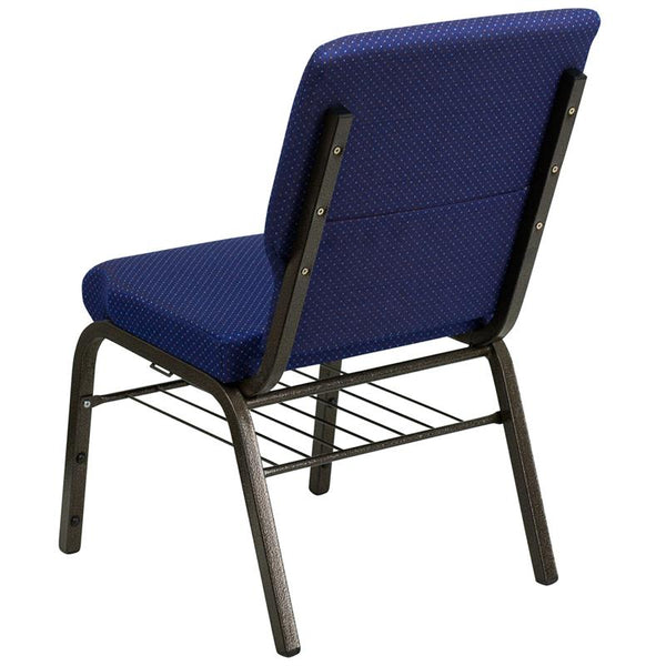 Flash Furniture HERCULES Series 18.5''W Church Chair in Navy Blue Patterned Fabric with Book Rack - Gold Vein Frame - XU-CH-60096-NVY-DOT-BAS-GG