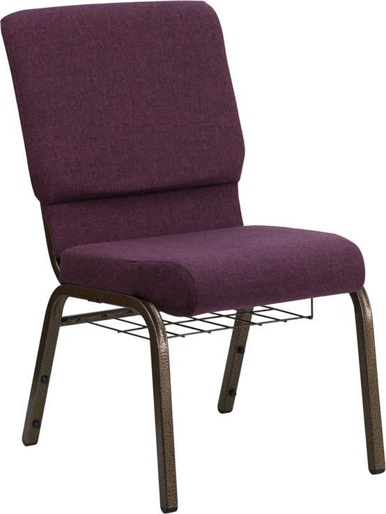 Flash Furniture HERCULES Series 18.5''W Church Chair in Plum Fabric with Cup Book Rack - Gold Vein Frame - FD-CH02185-GV-005-BAS-GG