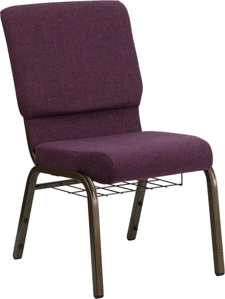 Flash Furniture HERCULES Series 18.5''W Church Chair in Plum Fabric with Cup Book Rack - Gold Vein Frame - FD-CH02185-GV-005-BAS-GG