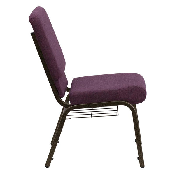 Flash Furniture HERCULES Series 18.5''W Church Chair in Plum Fabric with Cup Book Rack - Gold Vein Frame - FD-CH02185-GV-005-BAS-GG