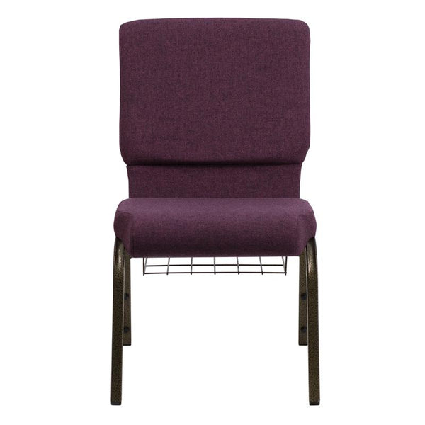 Flash Furniture HERCULES Series 18.5''W Church Chair in Plum Fabric with Cup Book Rack - Gold Vein Frame - FD-CH02185-GV-005-BAS-GG