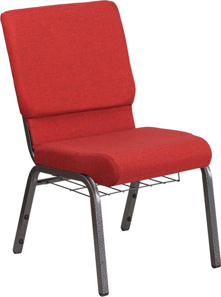 Flash Furniture HERCULES Series 18.5''W Church Chair in Red Fabric with Cup Book Rack - Silver Vein Frame - FD-CH02185-SV-RED-BAS-GG