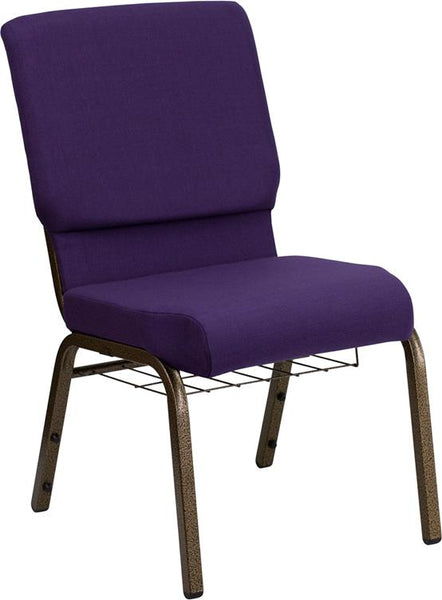 Flash Furniture HERCULES Series 18.5''W Church Chair in Royal Purple Fabric with Cup Book Rack - Gold Vein Frame - FD-CH02185-GV-ROY-BAS-GG