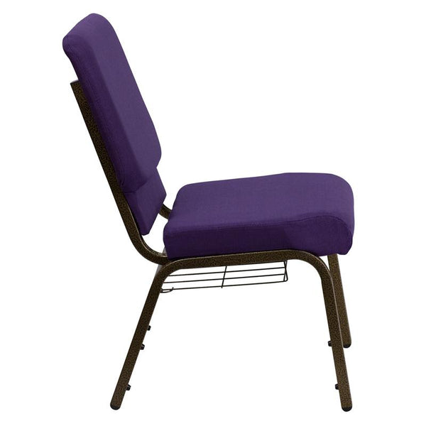 Flash Furniture HERCULES Series 18.5''W Church Chair in Royal Purple Fabric with Cup Book Rack - Gold Vein Frame - FD-CH02185-GV-ROY-BAS-GG