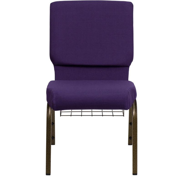 Flash Furniture HERCULES Series 18.5''W Church Chair in Royal Purple Fabric with Cup Book Rack - Gold Vein Frame - FD-CH02185-GV-ROY-BAS-GG