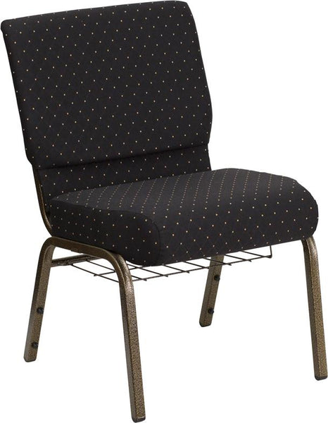 Flash Furniture HERCULES Series 21''W Church Chair in Black Dot Patterned Fabric with Cup Book Rack - Gold Vein Frame - FD-CH0221-4-GV-S0806-BAS-GG