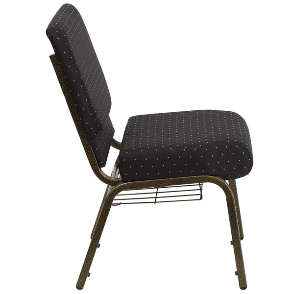 Flash Furniture HERCULES Series 21''W Church Chair in Black Dot Patterned Fabric with Cup Book Rack - Gold Vein Frame - FD-CH0221-4-GV-S0806-BAS-GG