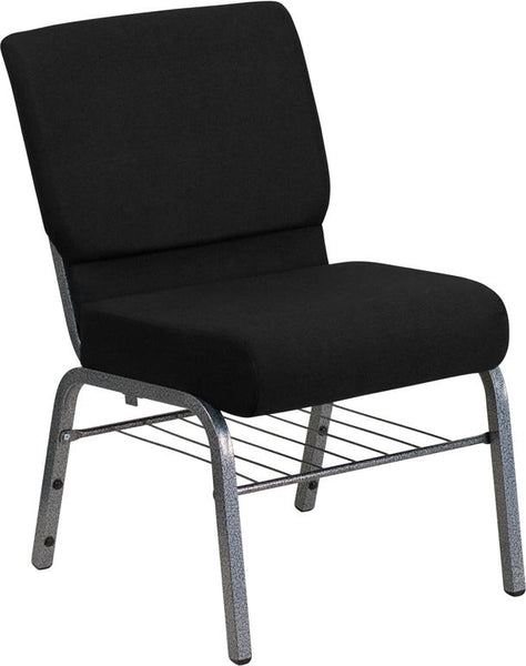 Flash Furniture HERCULES Series 21''W Church Chair in Black Fabric with Book Rack - Silver Vein Frame - XU-CH0221-BK-SV-BAS-GG