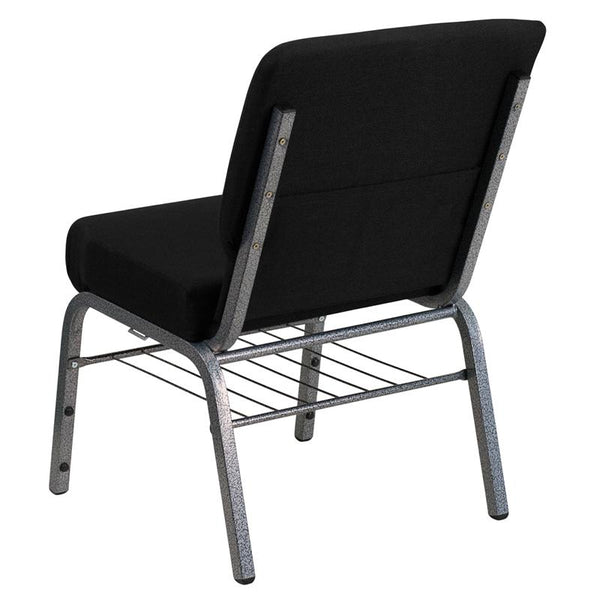 Flash Furniture HERCULES Series 21''W Church Chair in Black Fabric with Book Rack - Silver Vein Frame - XU-CH0221-BK-SV-BAS-GG