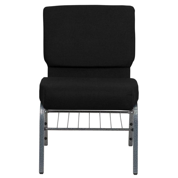 Flash Furniture HERCULES Series 21''W Church Chair in Black Fabric with Book Rack - Silver Vein Frame - XU-CH0221-BK-SV-BAS-GG