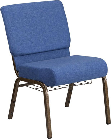 Flash Furniture HERCULES Series 21''W Church Chair in Blue Fabric with Cup Book Rack - Gold Vein Frame - FD-CH0221-4-GV-BLUE-BAS-GG