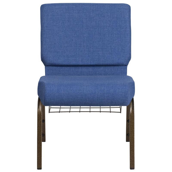 Flash Furniture HERCULES Series 21''W Church Chair in Blue Fabric with Cup Book Rack - Gold Vein Frame - FD-CH0221-4-GV-BLUE-BAS-GG