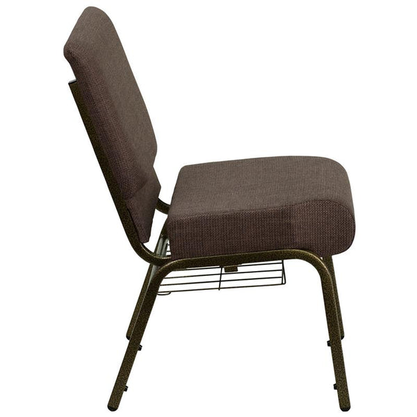 Flash Furniture HERCULES Series 21''W Church Chair in Brown Fabric with Cup Book Rack - Gold Vein Frame - FD-CH0221-4-GV-S0819-BAS-GG