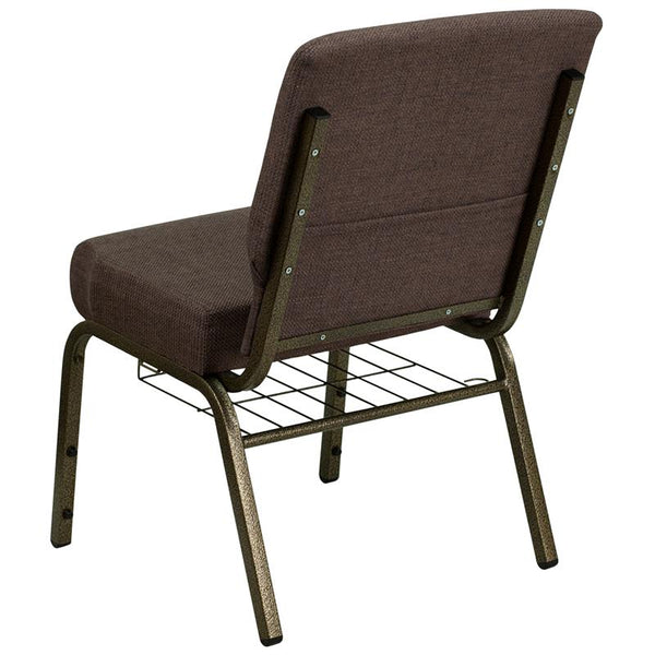 Flash Furniture HERCULES Series 21''W Church Chair in Brown Fabric with Cup Book Rack - Gold Vein Frame - FD-CH0221-4-GV-S0819-BAS-GG